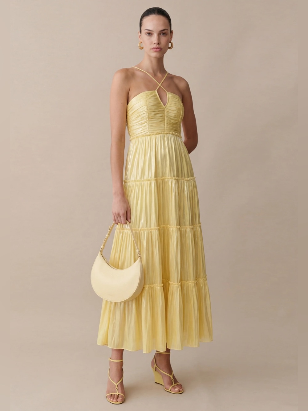 Few Moda o.p.t East Yellow Shimmer Strappy Tiered Maxi Dress